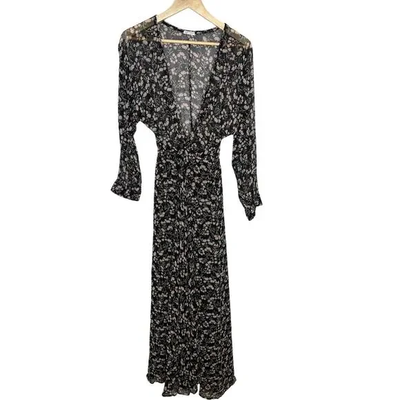 Poupette St Barth M Sheer Ilona Maxi Wrap Dress 100% Silk Long Sleeve Black NEW! - Picture 3 of 11